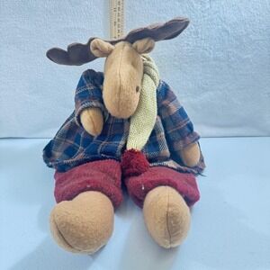 VTG Primitive Plush Moose Holiday Decor Plaid Coat Corduroy fleece Pants 18 In